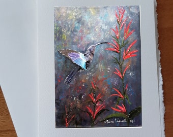 Carte anniversaire colibri oiseau mouche fleurs rouge butinant le nectar carte vœux souhait sans texte avec enveloppe blanche a offrir!