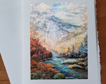 Carte anniversaire Paysage montagne sapins arbre et cour d'eau. L'été l'automne et l'hiver carte sans texte avec enveloppe blanche à offrir