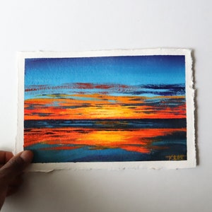 Orange and Blue Coastal Sunset Abstract Painting on Paper // 6 x 9 inches image 1