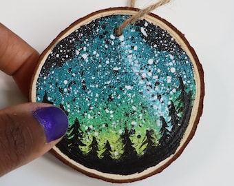 Wood slice painting, Wood slice ornament, Evergreen Trees, Starry Sky