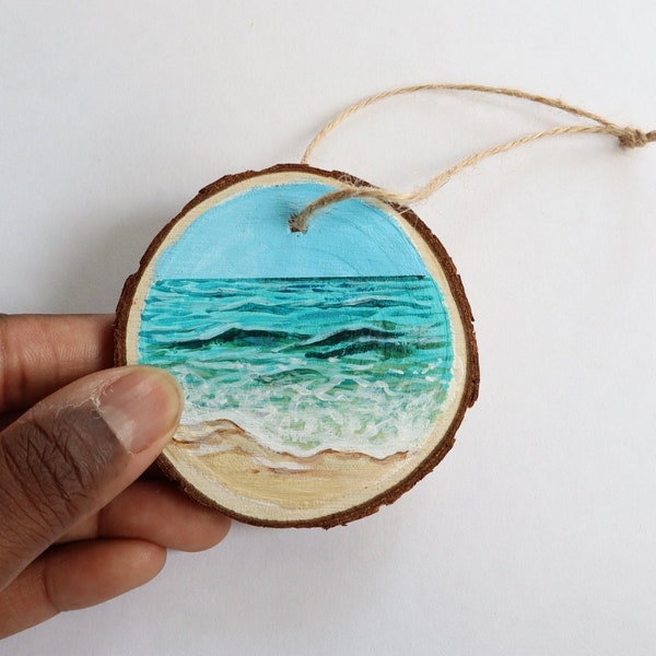 Wood slice painting, Seascape Beach, Turquoise Sea, Wood ornament