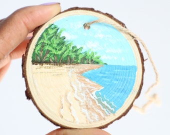 Wood slice painting, Wood slice ornament, Seascape Beach Painting