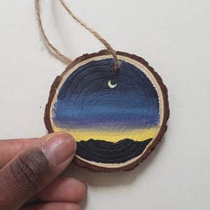 Wood slice painting, Wood ornament, Moon Night Sunset Landscape Painting image 1