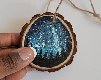 Wood slice painting, Wood slice ornament, Landscape, Evergreen Trees, Starry Sky