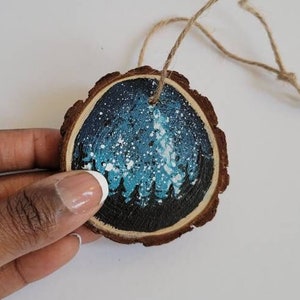 Wood slice painting, Wood slice ornament, Landscape, Evergreen Trees, Starry Sky