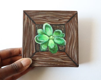 Green Succulent Painting on Small Canvas // 4 x 4 "Green Thumb 3"