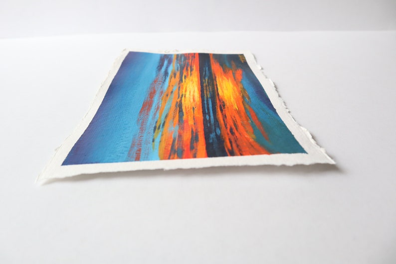 Orange and Blue Coastal Sunset Abstract Painting on Paper // 6 x 9 inches image 5