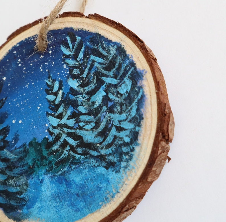Wood slice painting, Wood ornament, Evergreen Trees, Starry Night Sky, Christmas Ornament, image 6