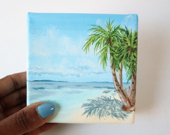 Palm Tree Wall Art, Seascape Painting, Coastal Art, Beach Art Work, Tropical Island Art, Small Canvas, Mini Canvas, 4 x 4 inches