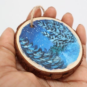 Wood slice painting, Wood ornament, Evergreen Trees, Starry Night Sky, Christmas Ornament, image 10