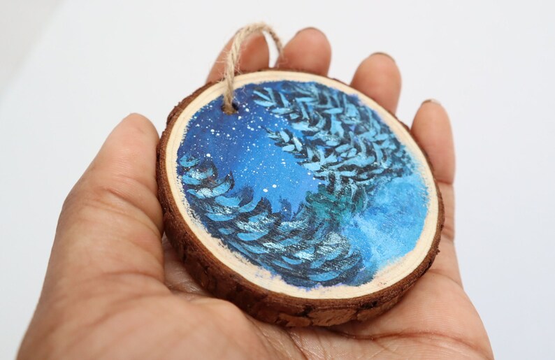 Wood slice painting, Wood ornament, Evergreen Trees, Starry Night Sky, Christmas Ornament, image 10