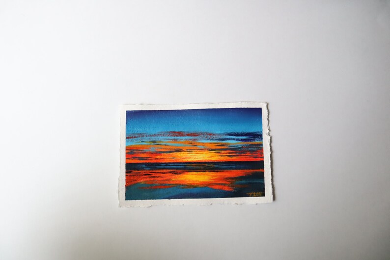 Orange and Blue Coastal Sunset Abstract Painting on Paper // 6 x 9 inches image 7