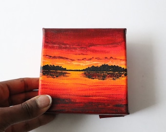 Seebild, Orange Sonnenuntergang, Landschaftsmalerei, Minigemälde, 4 x 4