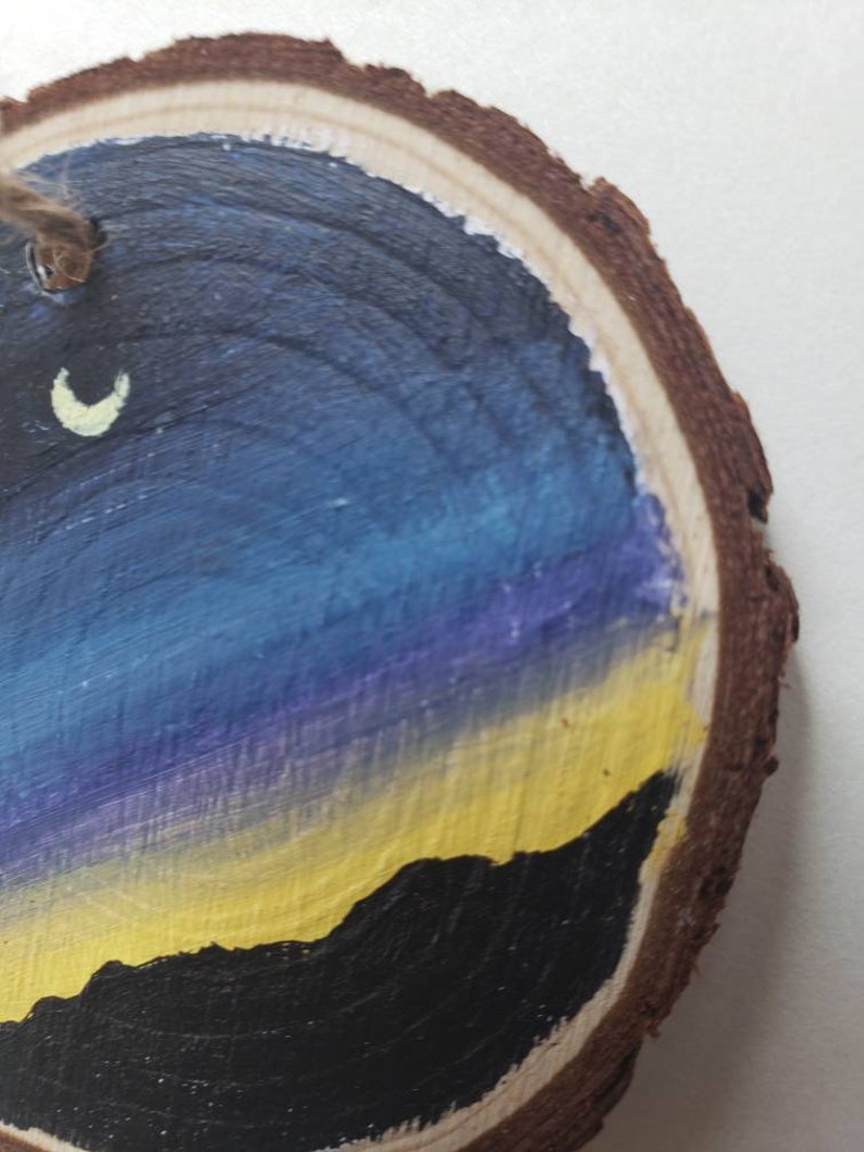 Wood slice painting, Wood ornament, Moon Night Sunset Landscape Painting image 8