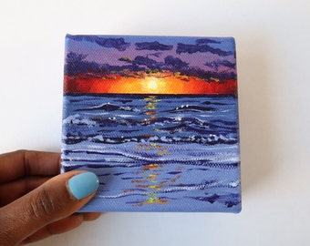 Lila Sonnenuntergang Seelandschaft Malerei, Mini Meer Malerei, Küsten Malerei, tropische Kunstwerk, kleine Leinwand, 10 x 4 Zoll