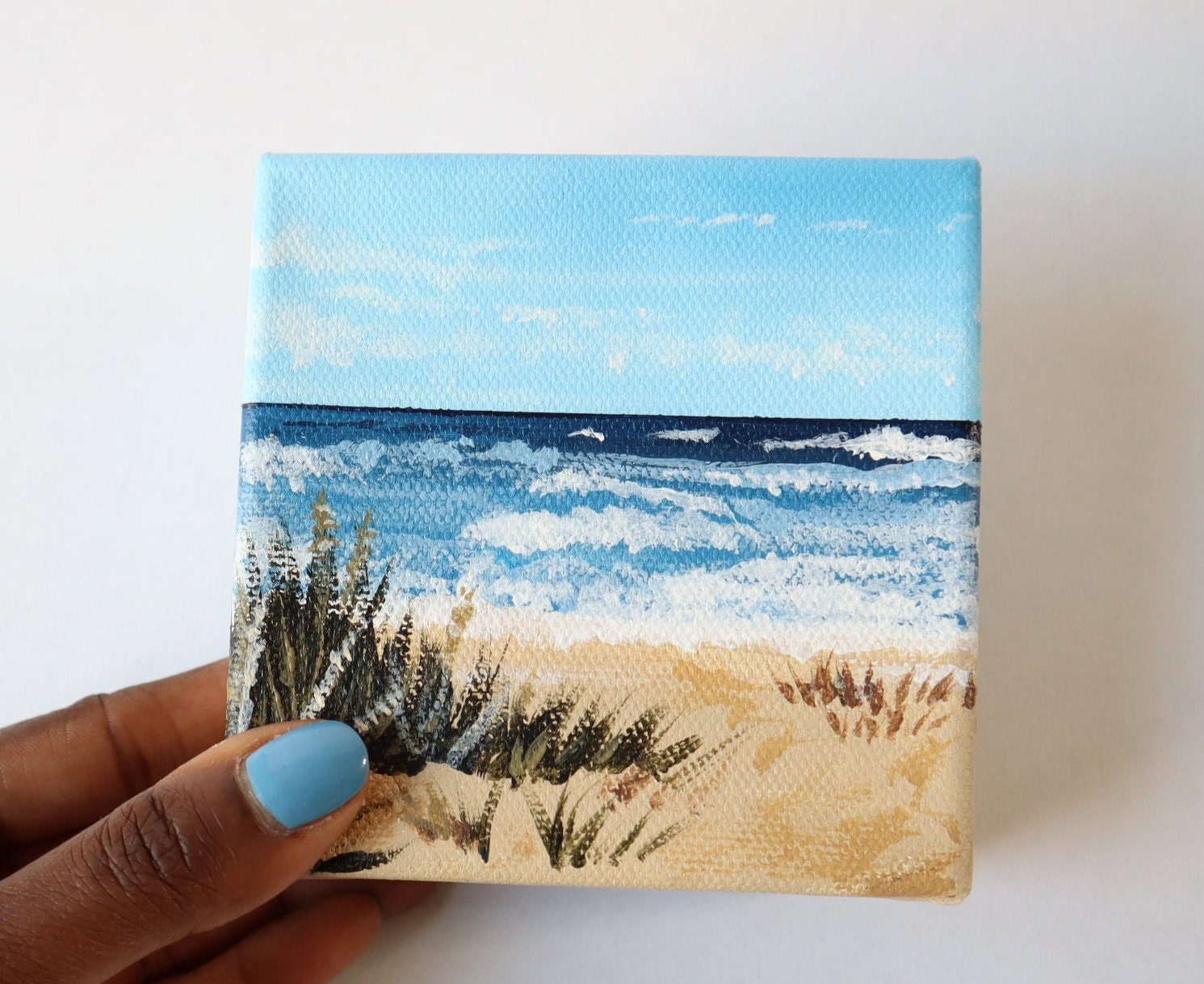 3x3 Mini Canvas Painting With Easel Seascape Ocean Wave Miniature Art  Tropical Island Small Gift Idea Water Landscape Scenery Desk Top Decor 