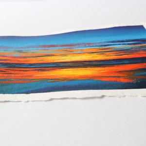 Orange and Blue Coastal Sunset Abstract Painting on Paper // 6 x 9 inches image 2