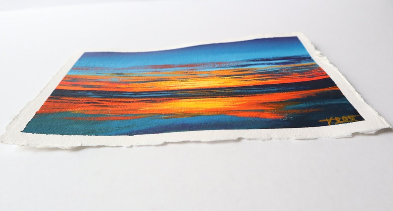 Orange and Blue Coastal Sunset Abstract Painting on Paper // 6 x 9 inches image 2
