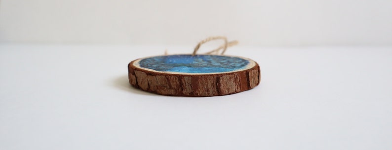 Wood slice painting, Wood ornament, Evergreen Trees, Starry Night Sky, Christmas Ornament, image 4