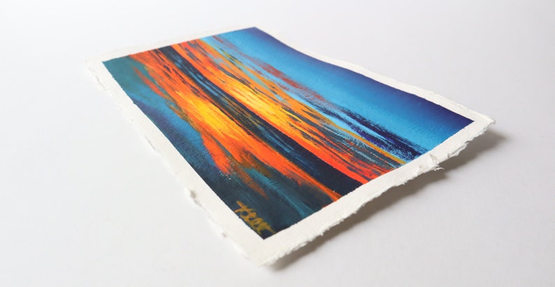 Orange and Blue Coastal Sunset Abstract Painting on Paper // 6 x 9 inches image 3