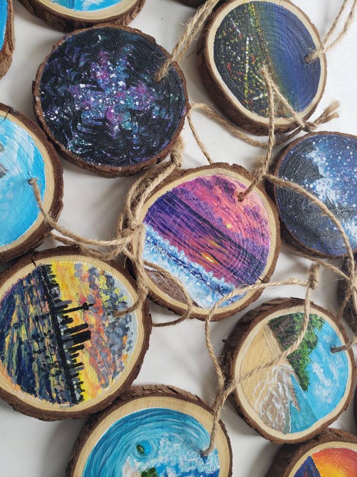 Wood slice paintings Wood slice ornament Sunset Cityscape image 0
