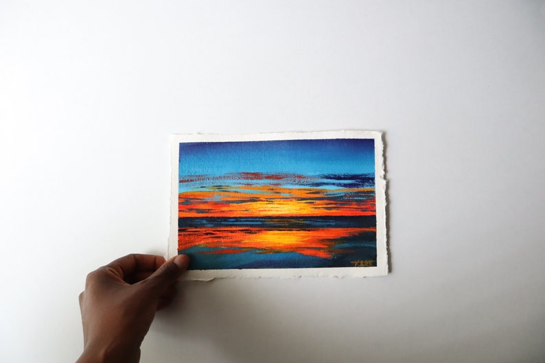 Orange and Blue Coastal Sunset Abstract Painting on Paper // 6 x 9 inches image 1