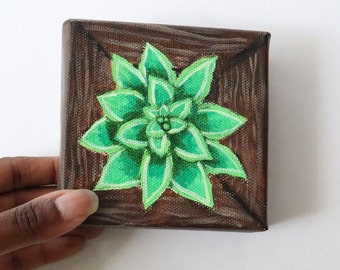 Green Succulent Painting on Small Canvas // 4 x 4 "Green Thumb 1"