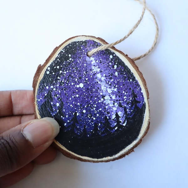 Wood slice painting, Wood slice ornament,  Landscape, Evergreen Trees, Starry Sky