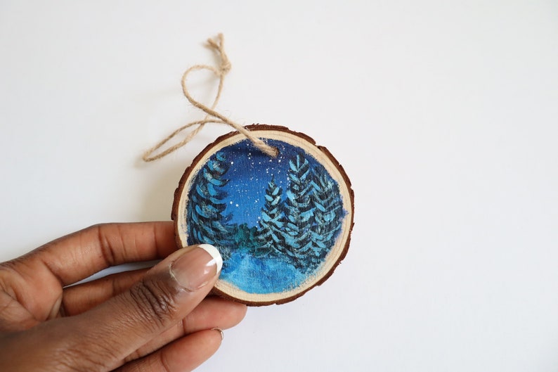 Wood slice painting, Wood ornament, Evergreen Trees, Starry Night Sky, Christmas Ornament, image 1