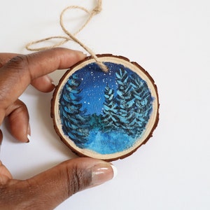 Wood slice painting, Wood ornament, Evergreen Trees, Starry Night Sky, Christmas Ornament, image 2