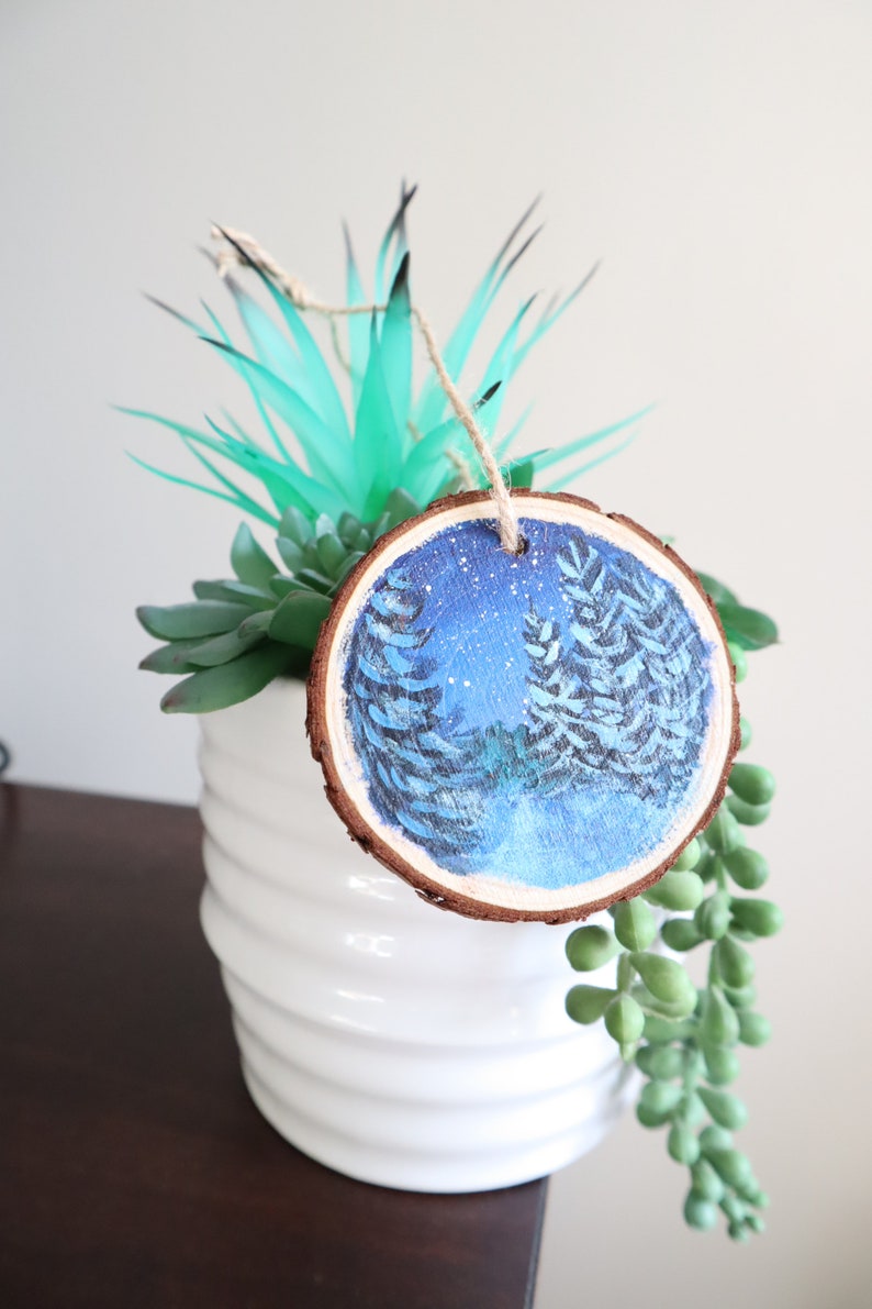 Wood slice painting, Wood ornament, Evergreen Trees, Starry Night Sky, Christmas Ornament, image 8