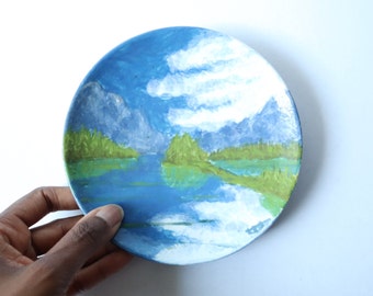 Mountain Landscape Forest Lake Painting, Plate Art //  5.75 x 5.75 inches