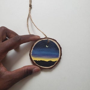 Wood slice painting, Wood ornament, Moon Night Sunset Landscape Painting image 2