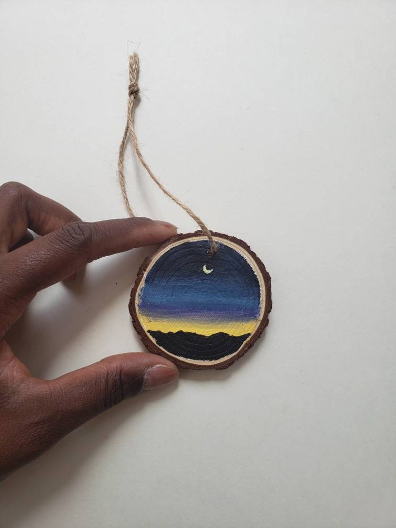 Wood slice painting, Wood ornament, Moon Night Sunset Landscape Painting image 2