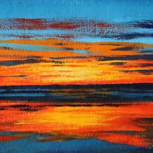 Orange and Blue Coastal Sunset Abstract Painting on Paper // 6 x 9 inches image 8
