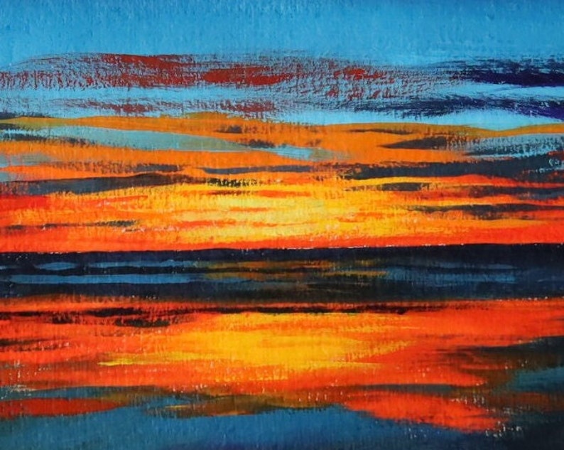 Orange and Blue Coastal Sunset Abstract Painting on Paper // 6 x 9 inches image 8