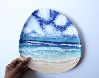 Deep Blue Tropical Seascape Beach Painting, Plate Art // 10 x 10 inches