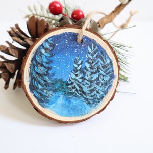 Wood slice painting, Wood ornament, Evergreen Trees, Starry Night Sky, Christmas Ornament, image 7