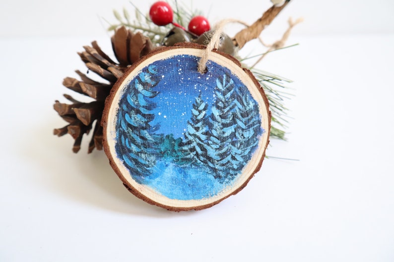 Wood slice painting, Wood ornament, Evergreen Trees, Starry Night Sky, Christmas Ornament, image 7