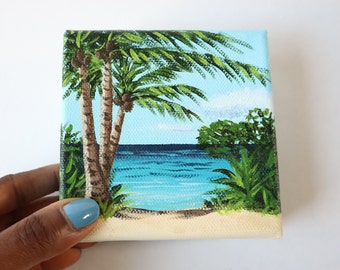 Palme Fine Art, Seascape Malerei, Küstenkunst, Strandkunstwerk, tropische Inselkunstwerk, kleine Leinwand, Mini-Leinwand, 10 x 10 cm
