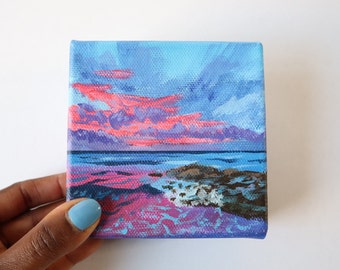 Pink Sunset Seascape Painting, Seascape Painting, Coastal Painting, Ocean Wall Art, Small Canvas, Mini Canvas, 4 x 4 inches