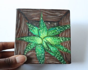 Green Succulent Painting on Small Canvas // 4 x 4 "Green Thumb 2"