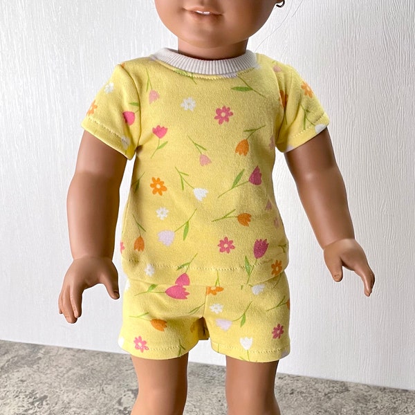 18 Inch Doll Clothes, Doll Pajamas, Pajama Shorts and T-Shirt with Flowers