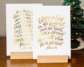 Double-Sided Hand-Lettered Christmas Bible Verse Print | Gold Foil | 5x7 | Glory to God, Peace On Earth | Word Became Flesh | Christmas gift