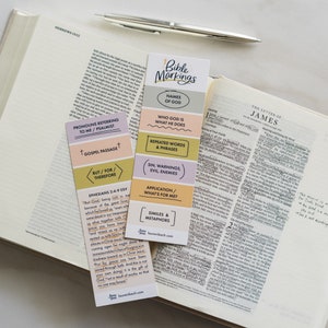 May include: A set of colorful bookmarks with the title "Bible Markings" and different categories for marking scripture, such as "Names of God", "Who God is/What He Does", "Repeated Words & Phrases", "Sin, Warnings, Evil, Enemies", "Application/What's for Me?", and "Similes & Metaphors".