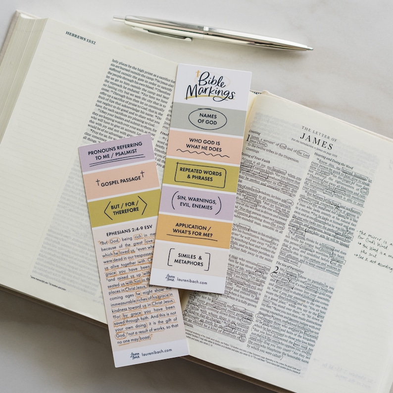 May include: A set of colorful bookmarks with the title "Bible Markings" and different categories for marking scripture, such as "Names of God", "Who God is/What He Does", "Repeated Words & Phrases", "Sin, Warnings, Evil, Enemies", "Application/What's for Me?", and "Similes & Metaphors".