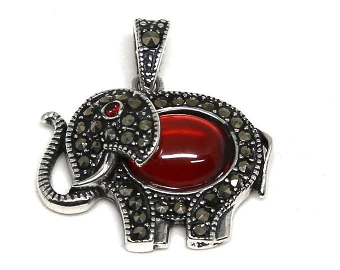 ONE Natural Garnet Gemstone Elephant Pendant with Rhinestones | Thai 925 Sterling Silver | Size 19x22mm