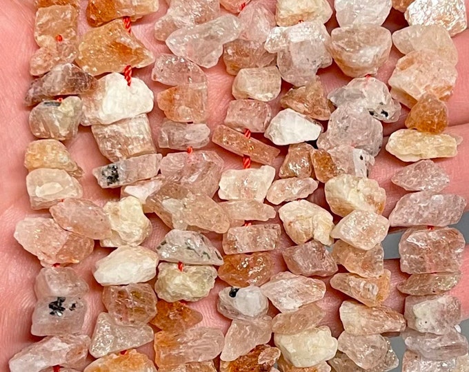 Natural Raw Sunstone Gemstone Drilled Rough Nuggets Beads | Sold by 7 Inch Strand | Size 5-10mm