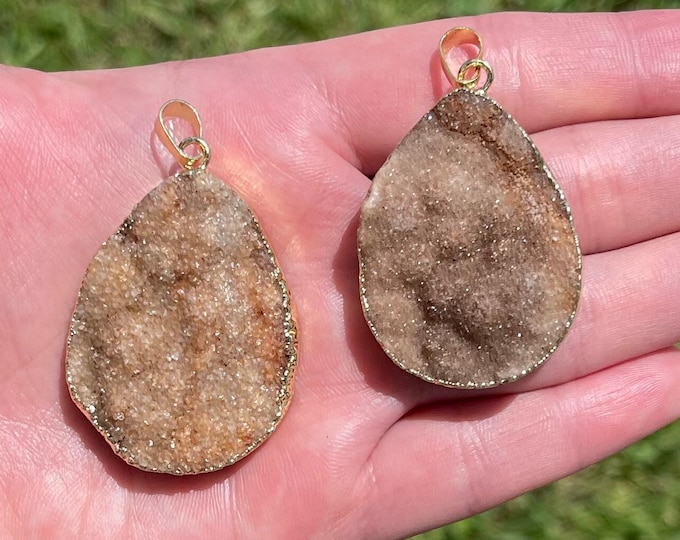 ONE Brown Yellow Druzy Quartz Nuggets Pendant | Gold Edged | Size 30X40-35X45MM