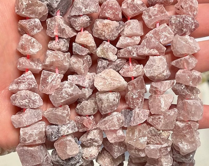 Raw Strawberry Quartz Nuggets Beads | Drilled Rough Natural Gemstone Loose Beads | Sold by 7 Inch Strand | Size 6-12mm